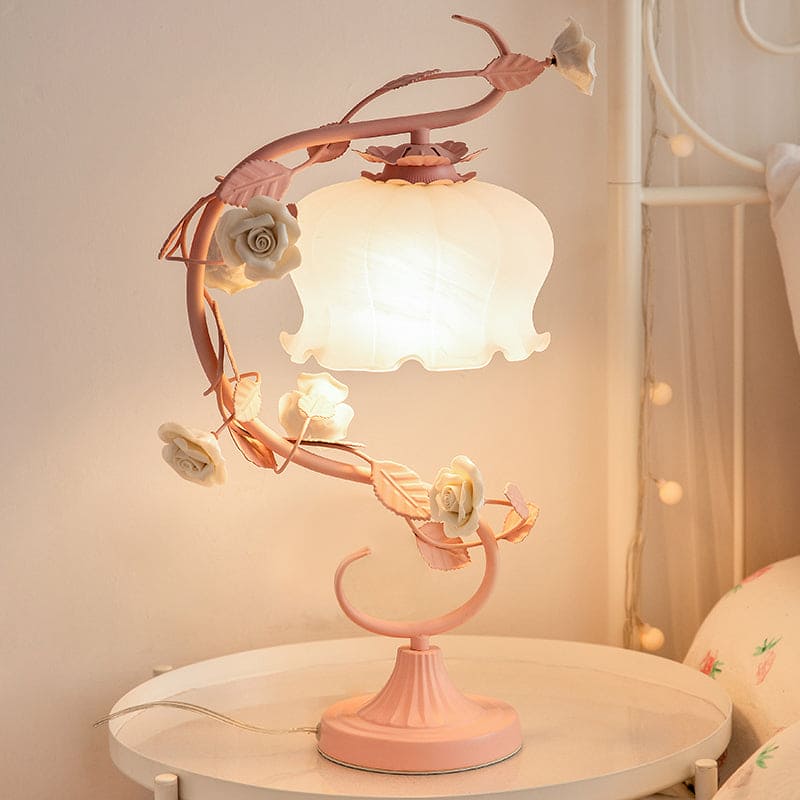 Luxe Florale - Lampe de Table de Style Pastoral avec Rose en Céramique